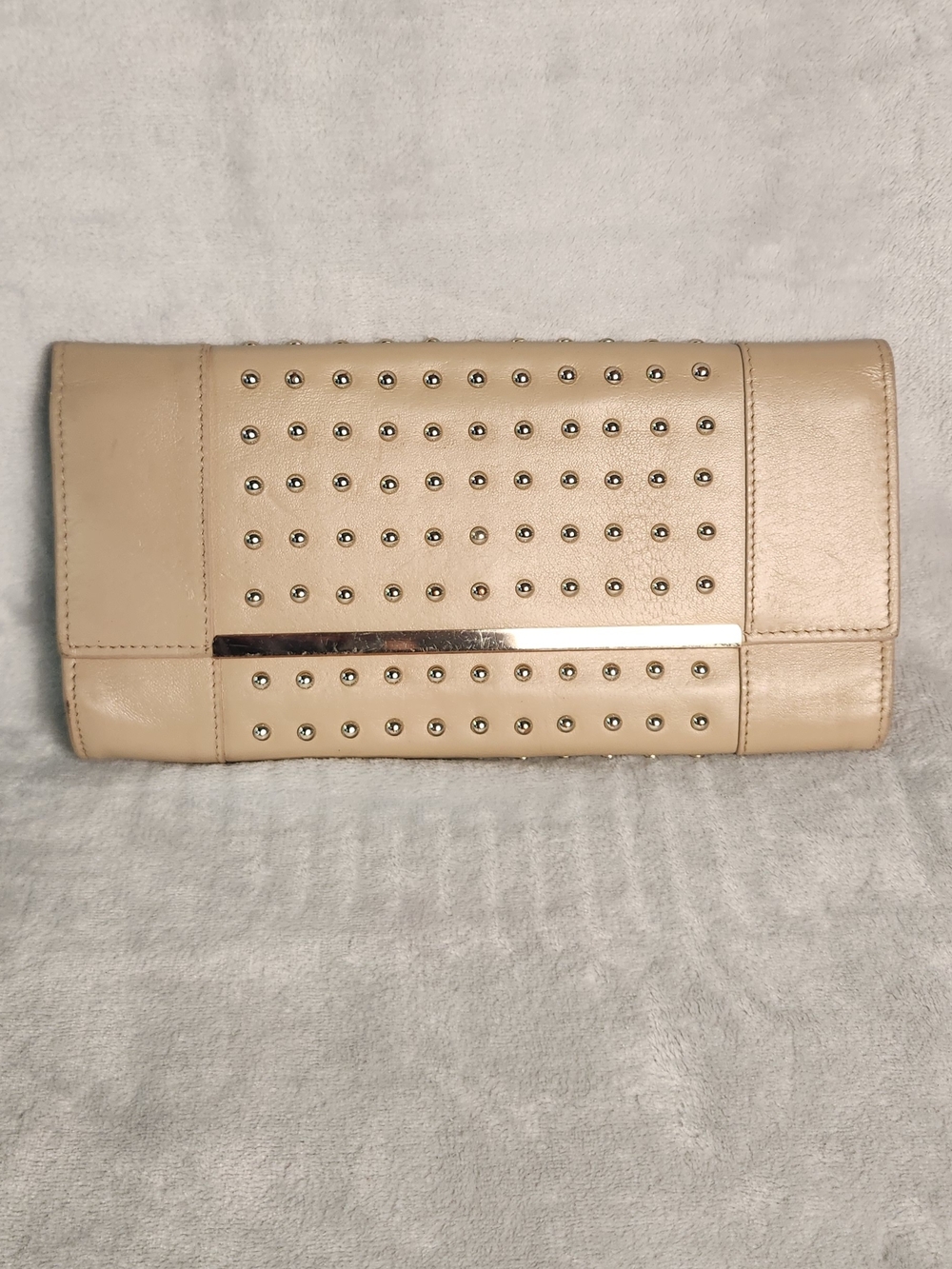 Danier Beige Studded Leather Clutch | Genuine Leather | Neutral Chic Evening Bag